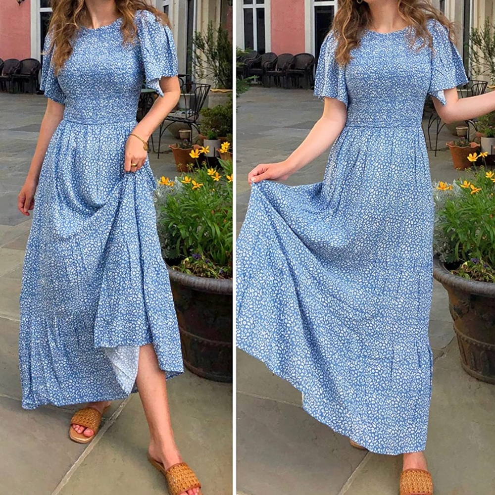 Floral Print Short Flutter Sleeve Crew Neck Smocked High Waist Flowy Maxi Dress